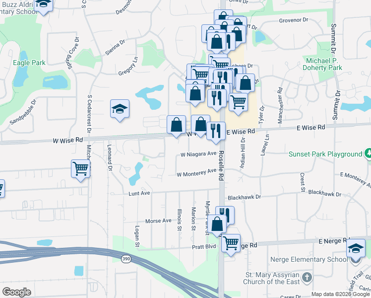 map of restaurants, bars, coffee shops, grocery stores, and more near 112 West Niagara Avenue in Schaumburg