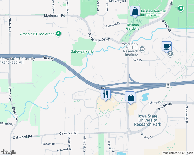 map of restaurants, bars, coffee shops, grocery stores, and more near 2212 Ironwood Court in Ames