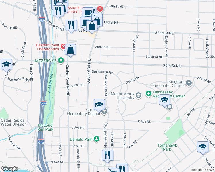 map of restaurants, bars, coffee shops, grocery stores, and more near 1440 Wildwood Drive Northeast in Cedar Rapids