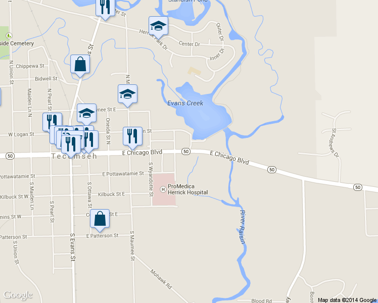 map of restaurants, bars, coffee shops, grocery stores, and more near 702 East Chicago Boulevard in Tecumseh