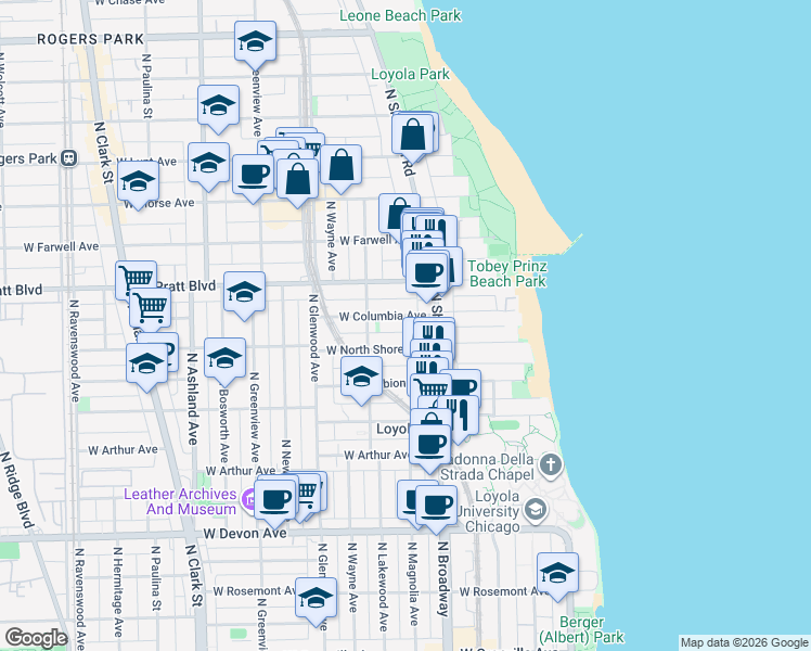 map of restaurants, bars, coffee shops, grocery stores, and more near 1229 West Columbia Avenue in Chicago
