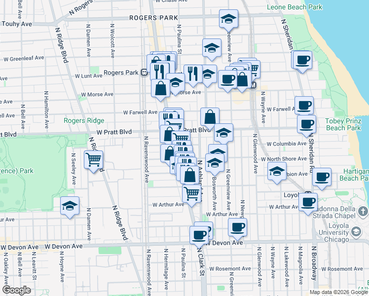map of restaurants, bars, coffee shops, grocery stores, and more near 1633 West Columbia Avenue in Chicago