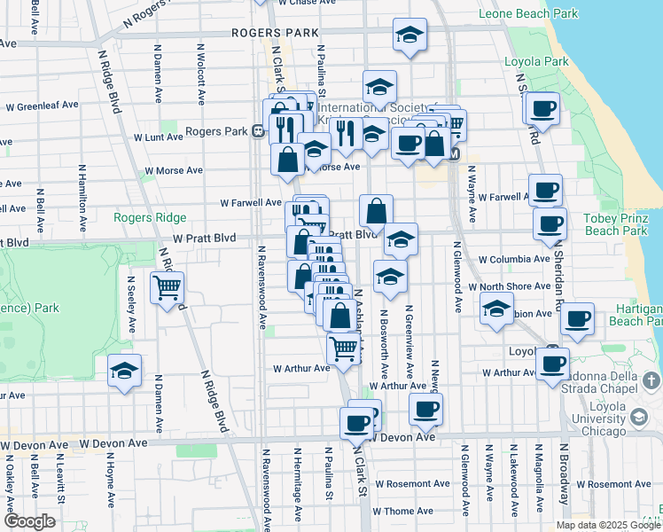 map of restaurants, bars, coffee shops, grocery stores, and more near 1637 West Columbia Avenue in Chicago