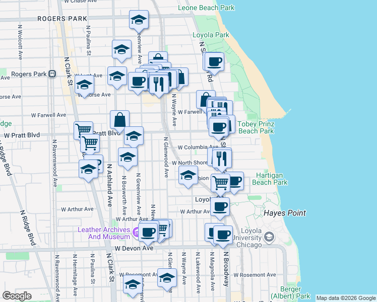 map of restaurants, bars, coffee shops, grocery stores, and more near 1303 West Columbia Avenue in Chicago
