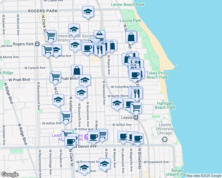 map of restaurants, bars, coffee shops, grocery stores, and more near 1327 West Columbia Avenue in Chicago