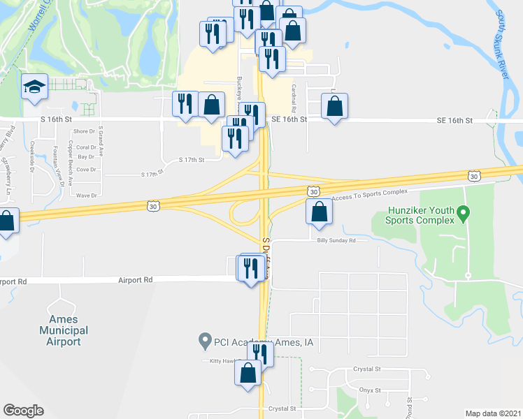 map of restaurants, bars, coffee shops, grocery stores, and more near South Duff Avenue in Ames
