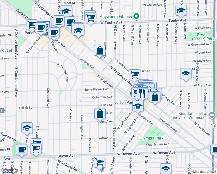 map of restaurants, bars, coffee shops, grocery stores, and more near 18 Belle Plaine Avenue in Park Ridge