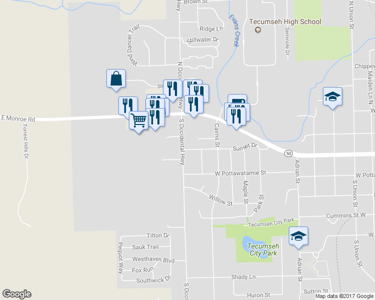 map of restaurants, bars, coffee shops, grocery stores, and more near 1205 Sunset Drive in Tecumseh