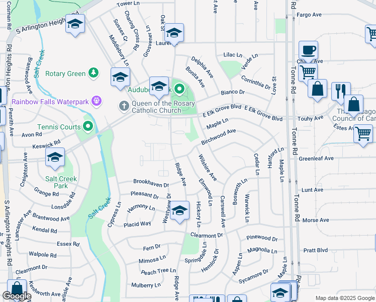 map of restaurants, bars, coffee shops, grocery stores, and more near 917 Ridge Court in Elk Grove Village