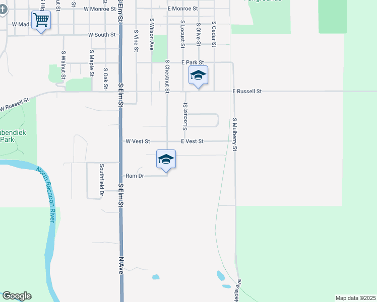 map of restaurants, bars, coffee shops, grocery stores, and more near 309 East Vest Street in Jefferson