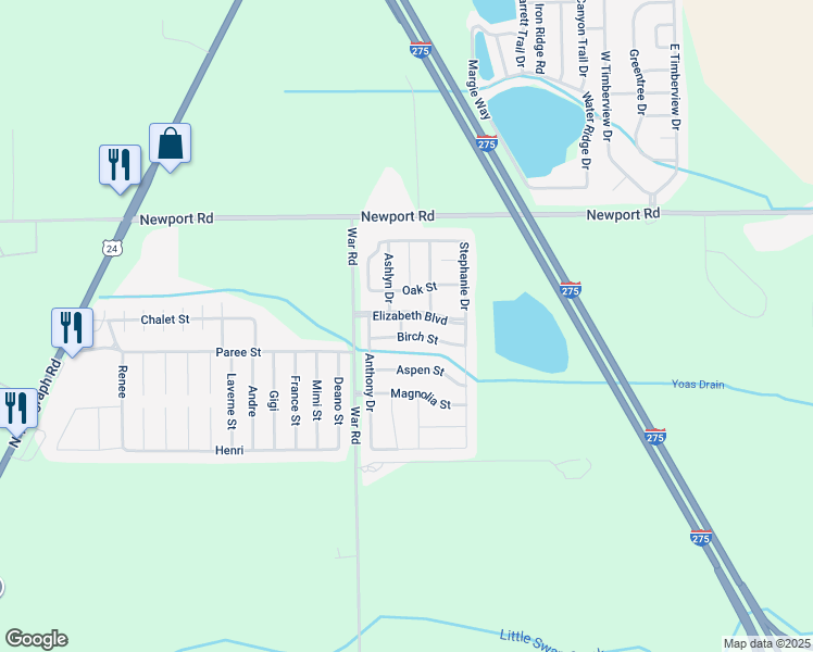 map of restaurants, bars, coffee shops, grocery stores, and more near 1919 Birch Street in Monroe County