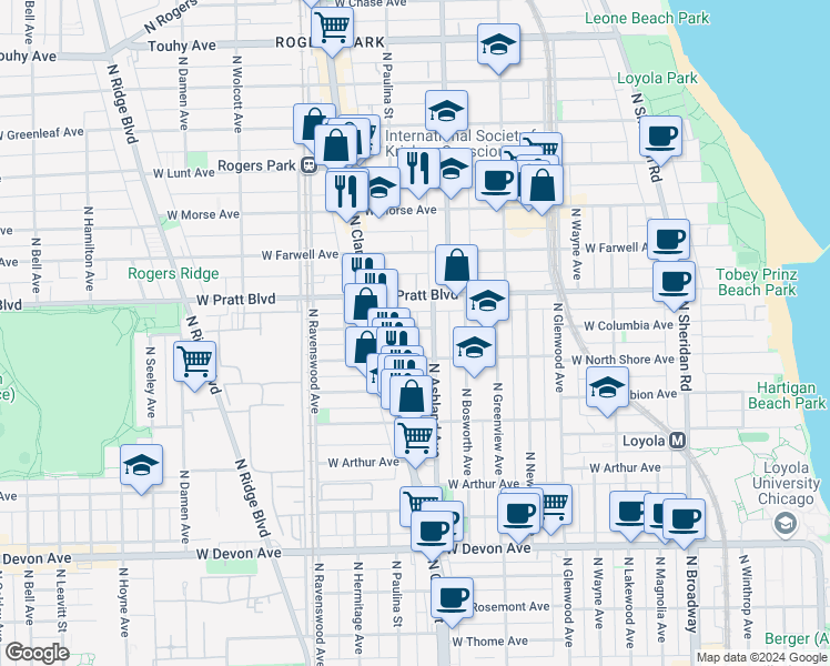 map of restaurants, bars, coffee shops, grocery stores, and more near 1615 West Columbia Avenue in Chicago