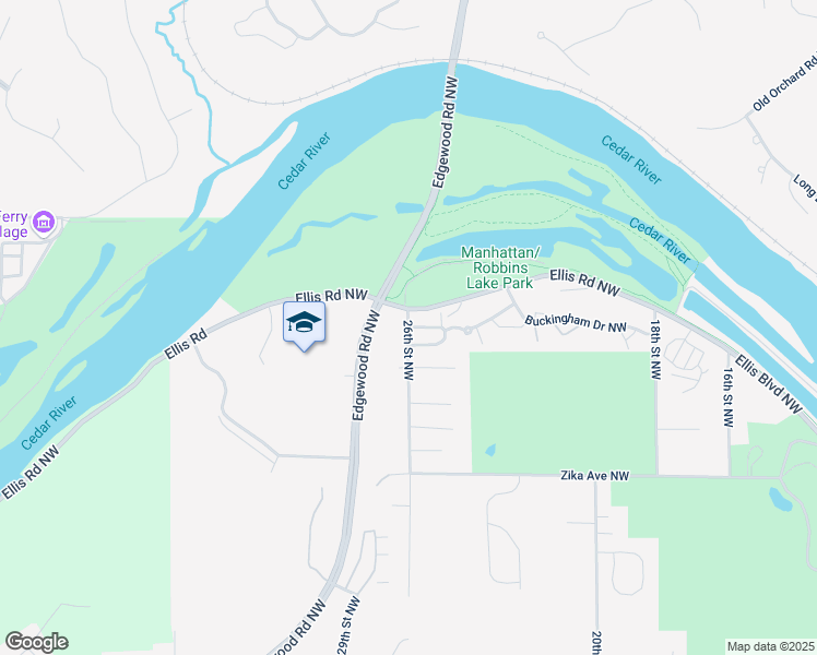 map of restaurants, bars, coffee shops, grocery stores, and more near 2598 Oxford Lane Northwest in Cedar Rapids
