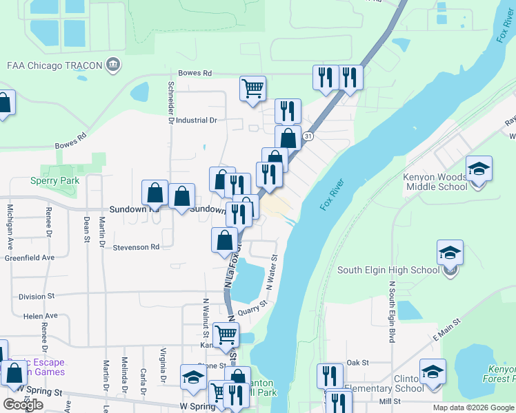 map of restaurants, bars, coffee shops, grocery stores, and more near 29 Melrose Court in South Elgin
