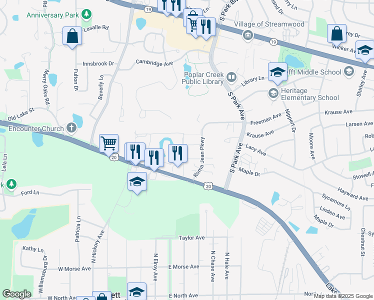 map of restaurants, bars, coffee shops, grocery stores, and more near 308 Roma Jean Parkway in Streamwood