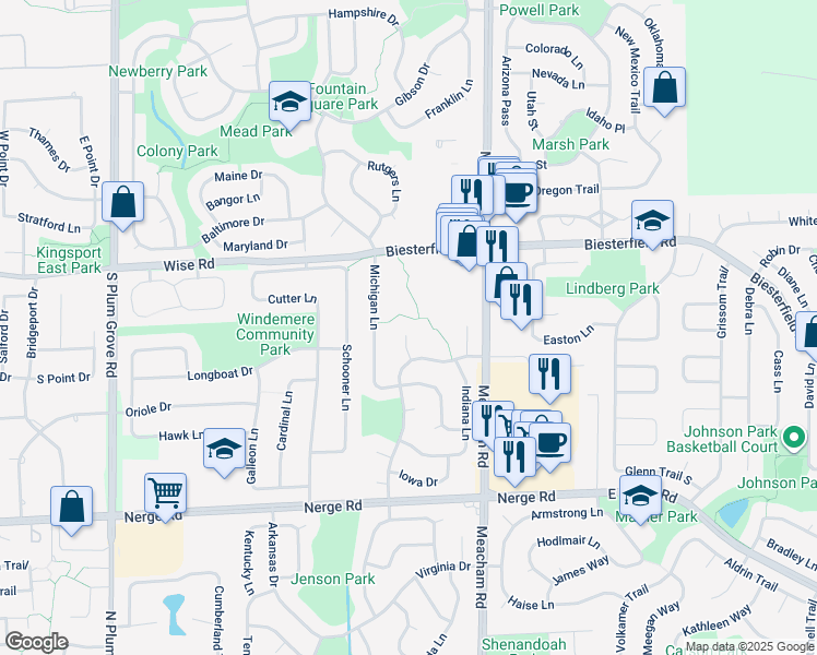 map of restaurants, bars, coffee shops, grocery stores, and more near 717 Minot Court in Elk Grove Village