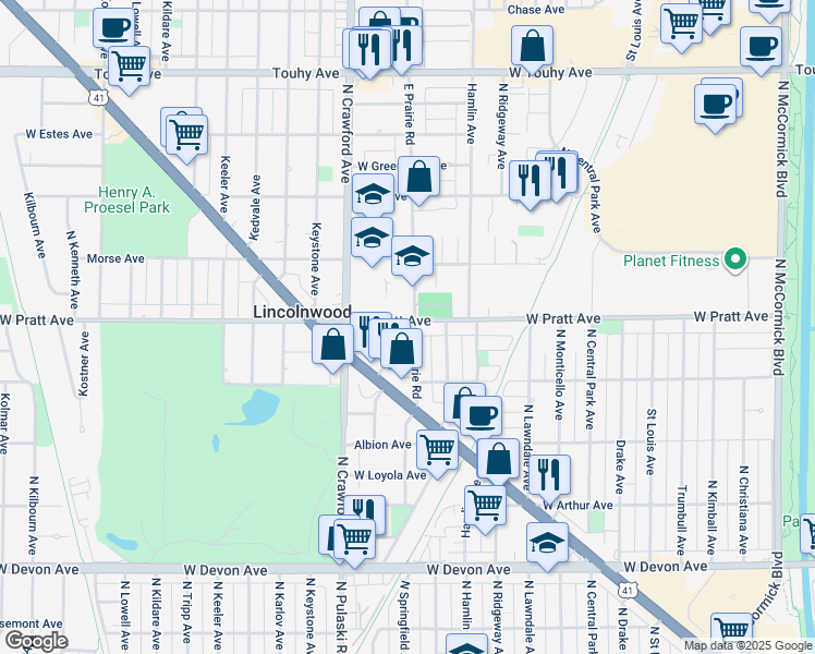 map of restaurants, bars, coffee shops, grocery stores, and more near 6758 East Prairie Road in Lincolnwood