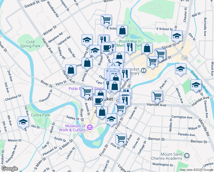 map of restaurants, bars, coffee shops, grocery stores, and more near 62 Cato Street in Woonsocket