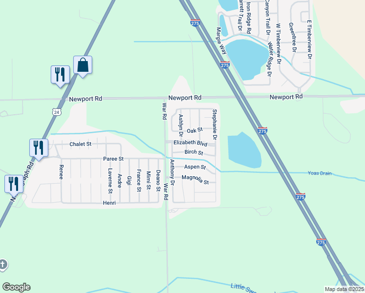 map of restaurants, bars, coffee shops, grocery stores, and more near 1919 Birch Street in Monroe County