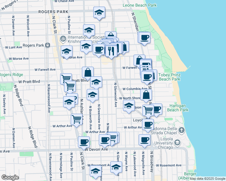 map of restaurants, bars, coffee shops, grocery stores, and more near 6732 North Glenwood Avenue in Chicago