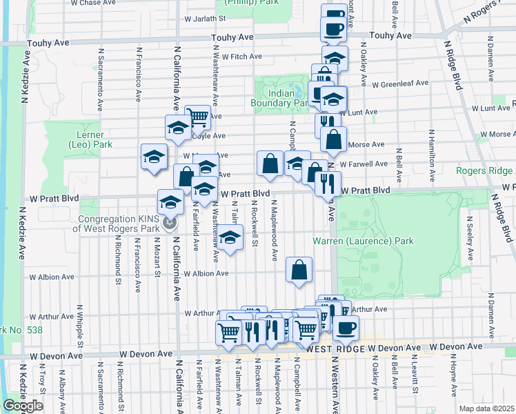 map of restaurants, bars, coffee shops, grocery stores, and more near 6749 North Rockwell Street in Chicago