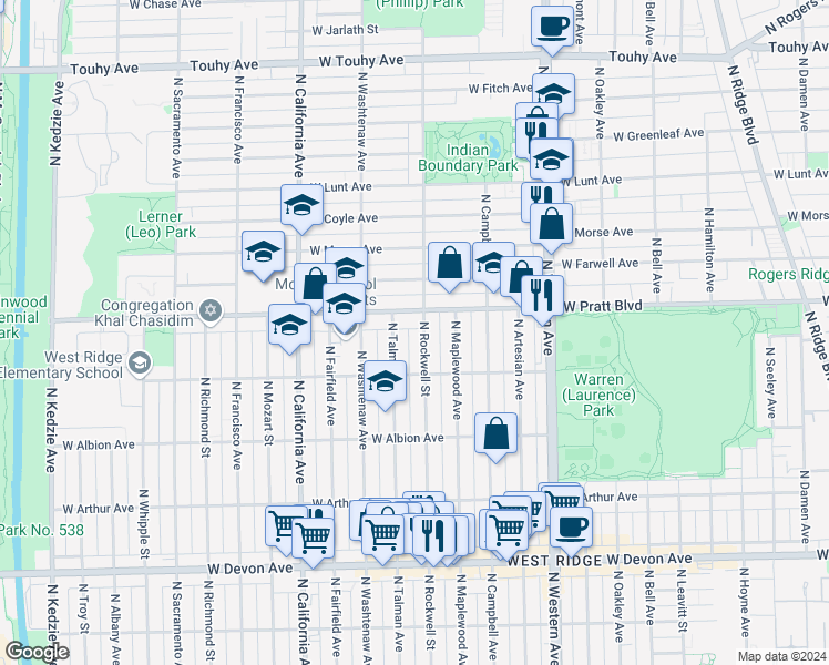 map of restaurants, bars, coffee shops, grocery stores, and more near 2625 West Pratt Boulevard in Chicago