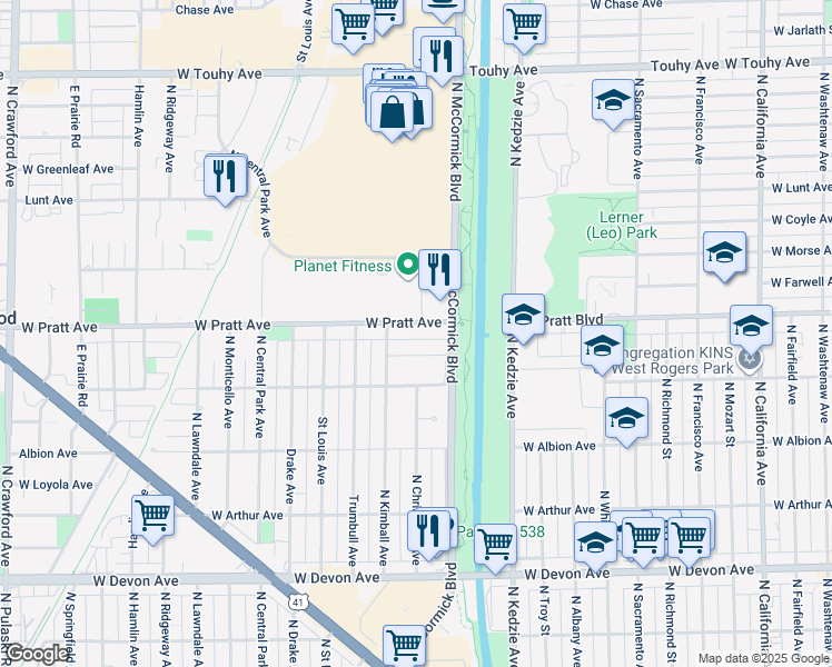 map of restaurants, bars, coffee shops, grocery stores, and more near 3317 West Pratt Avenue in Lincolnwood