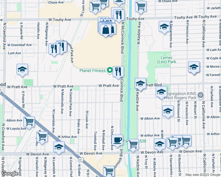 map of restaurants, bars, coffee shops, grocery stores, and more near 6751 North Kimball Avenue in Lincolnwood