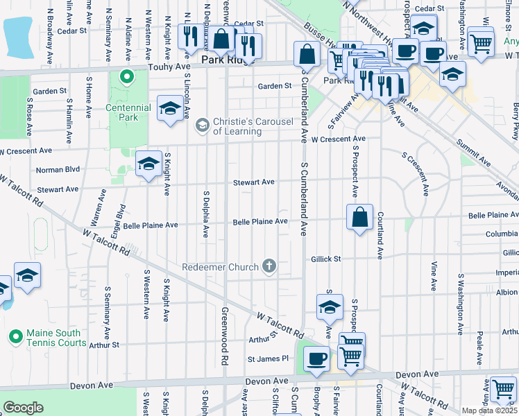 map of restaurants, bars, coffee shops, grocery stores, and more near 515 South Chester Avenue in Park Ridge