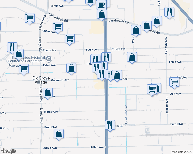 map of restaurants, bars, coffee shops, grocery stores, and more near 1654 Greenleaf Avenue in Elk Grove Village