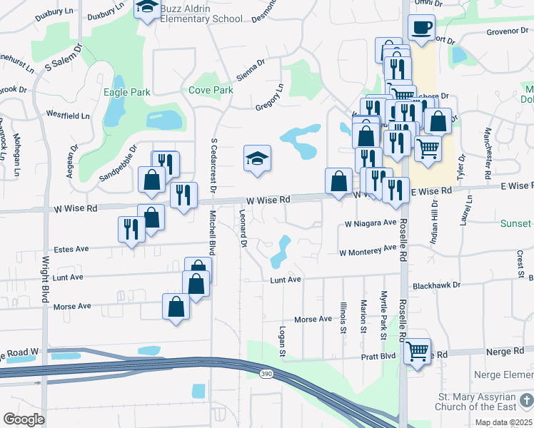 map of restaurants, bars, coffee shops, grocery stores, and more near 305 Cambia Drive in Schaumburg