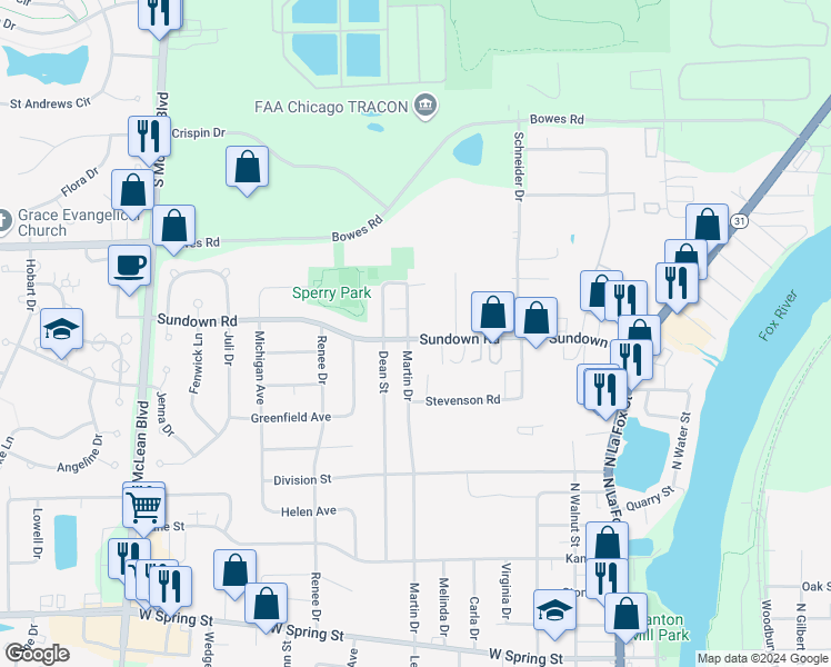 map of restaurants, bars, coffee shops, grocery stores, and more near in South Elgin