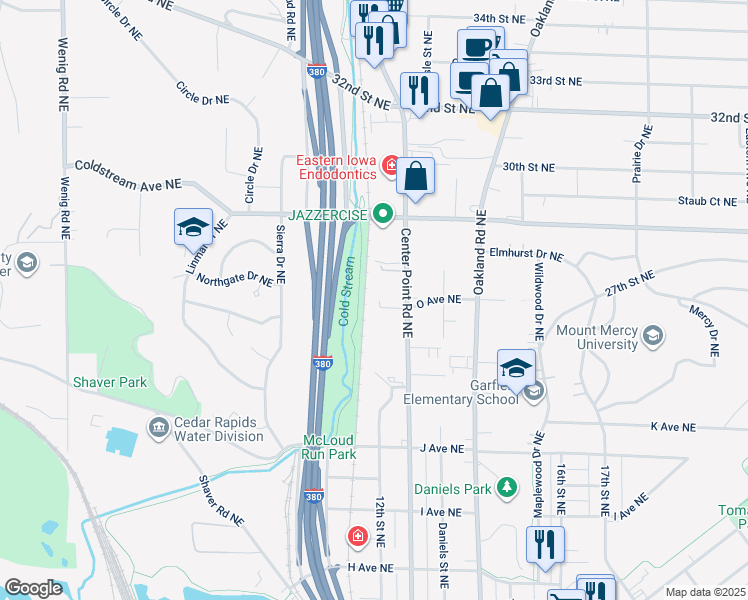 map of restaurants, bars, coffee shops, grocery stores, and more near 1515 Center Point Road Northeast in Cedar Rapids