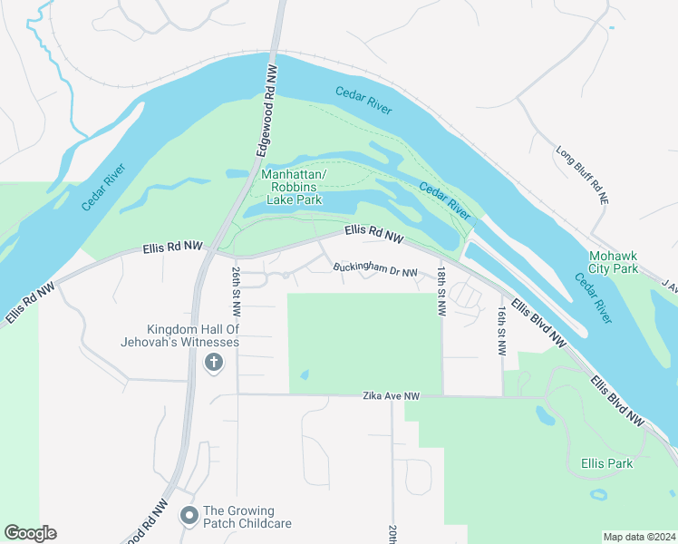 map of restaurants, bars, coffee shops, grocery stores, and more near 2407 Buckingham Drive Northwest in Cedar Rapids