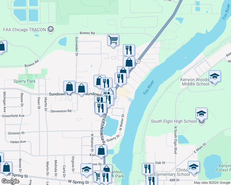 map of restaurants, bars, coffee shops, grocery stores, and more near 29 Melrose Court in South Elgin