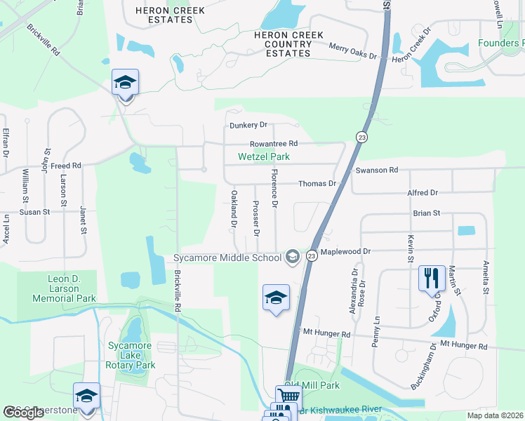map of restaurants, bars, coffee shops, grocery stores, and more near 1360 Prosser Drive in Sycamore