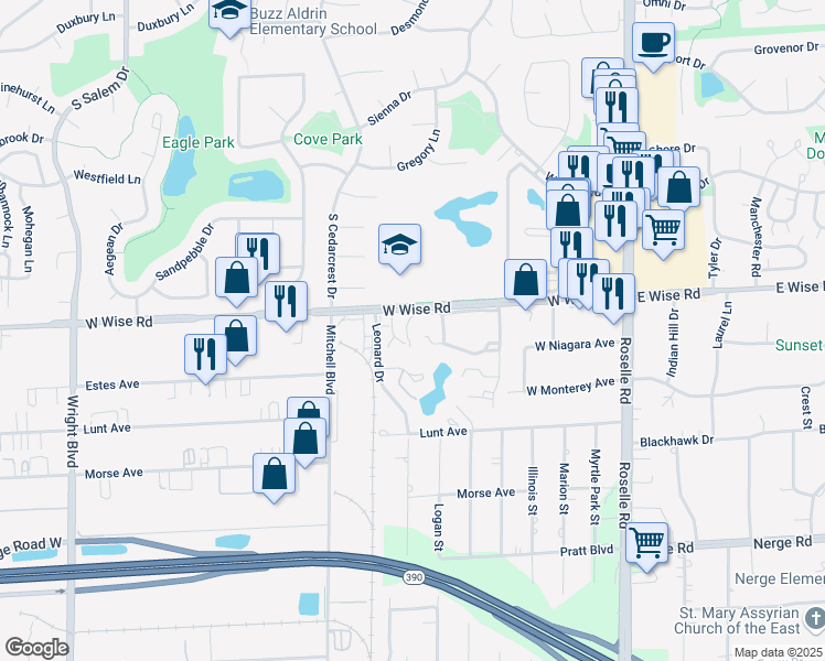 map of restaurants, bars, coffee shops, grocery stores, and more near 305 Cambia Drive in Schaumburg