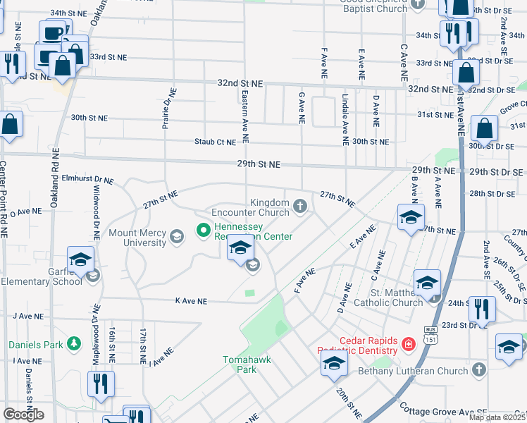 map of restaurants, bars, coffee shops, grocery stores, and more near 829 25th Street Northeast in Cedar Rapids