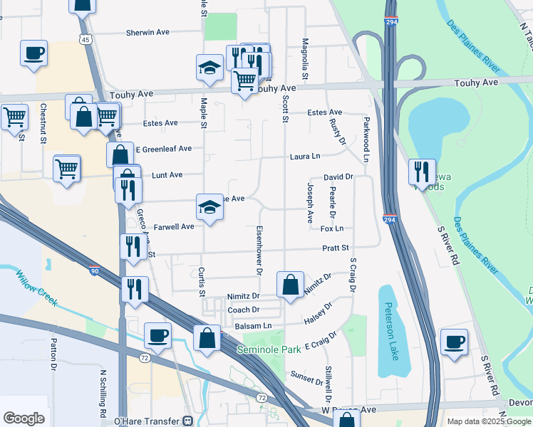 map of restaurants, bars, coffee shops, grocery stores, and more near 2703 Eisenhower Drive in Des Plaines
