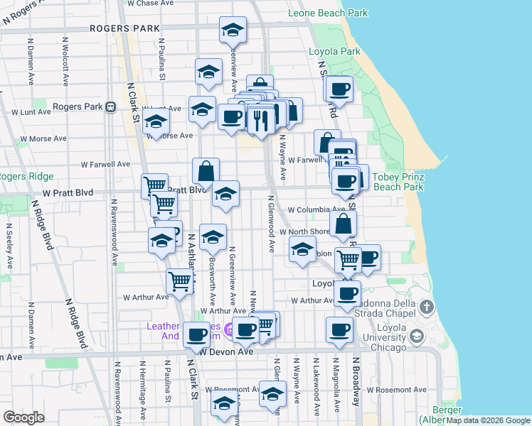 map of restaurants, bars, coffee shops, grocery stores, and more near 6732 North Glenwood Avenue in Chicago