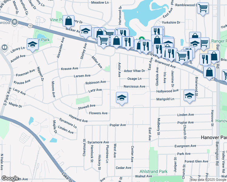 map of restaurants, bars, coffee shops, grocery stores, and more near 1707 McKool Avenue in Streamwood
