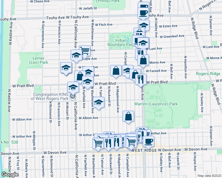 map of restaurants, bars, coffee shops, grocery stores, and more near 6749 North Rockwell Street in Chicago