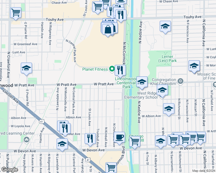 map of restaurants, bars, coffee shops, grocery stores, and more near 6751 North Kimball Avenue in Lincolnwood