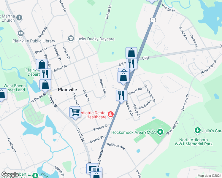 map of restaurants, bars, coffee shops, grocery stores, and more near 14 Barna Woods Way in Plainville