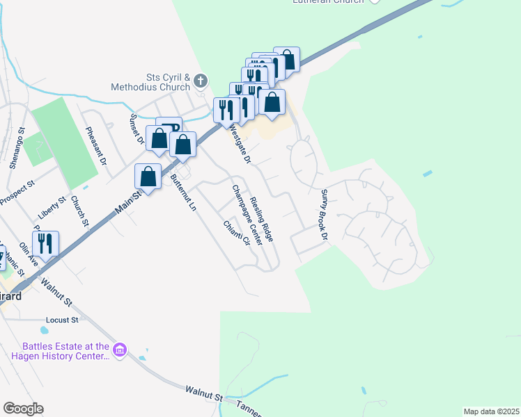 map of restaurants, bars, coffee shops, grocery stores, and more near 5377 Riesling Ridge in Girard