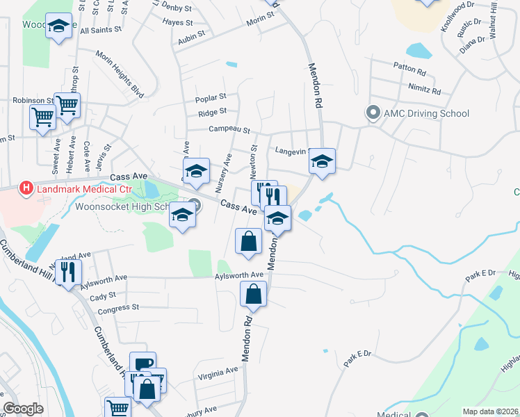 map of restaurants, bars, coffee shops, grocery stores, and more near 996 Cass Avenue in Woonsocket