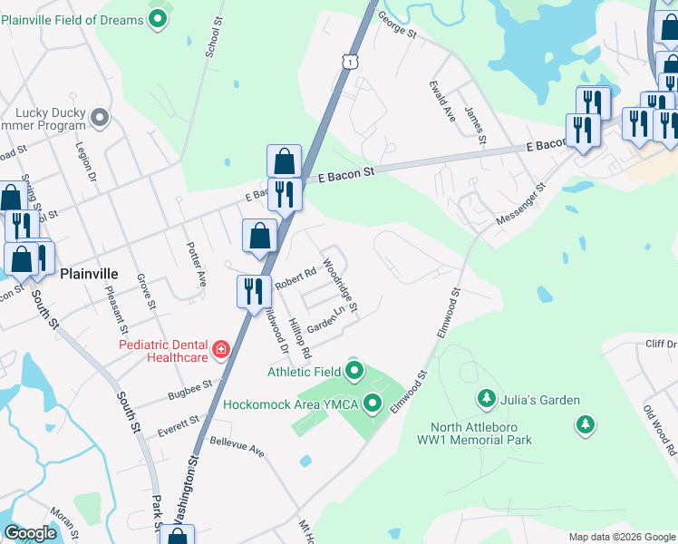 map of restaurants, bars, coffee shops, grocery stores, and more near 75 Terry Lane in Plainville