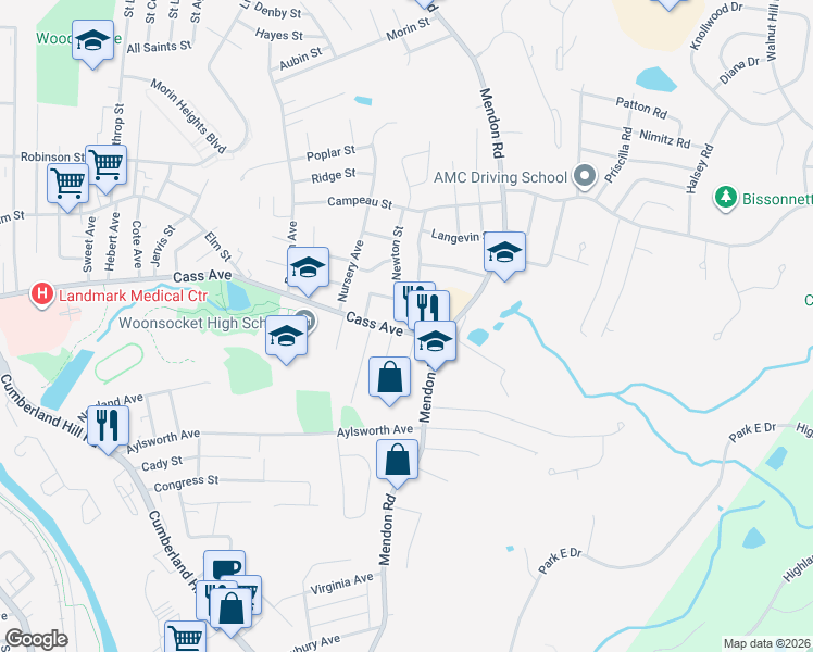 map of restaurants, bars, coffee shops, grocery stores, and more near 26 Dana Street in Woonsocket