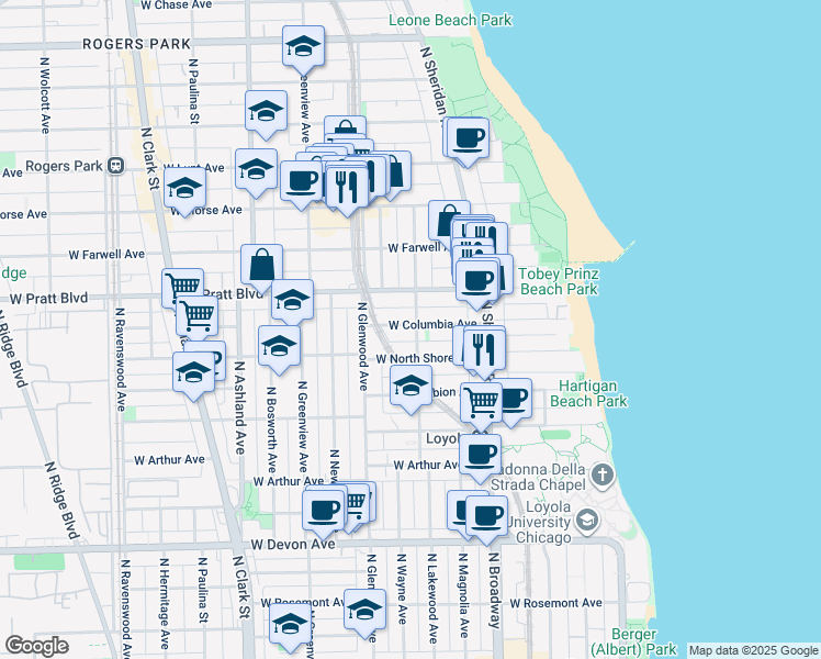map of restaurants, bars, coffee shops, grocery stores, and more near 1323 West Columbia Avenue in Chicago
