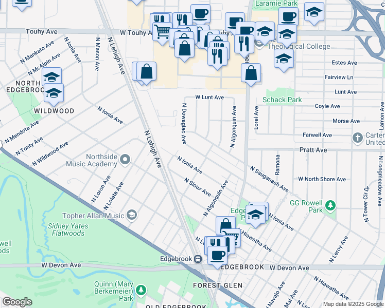 map of restaurants, bars, coffee shops, grocery stores, and more near 6838 North Dowagiac Avenue in Chicago